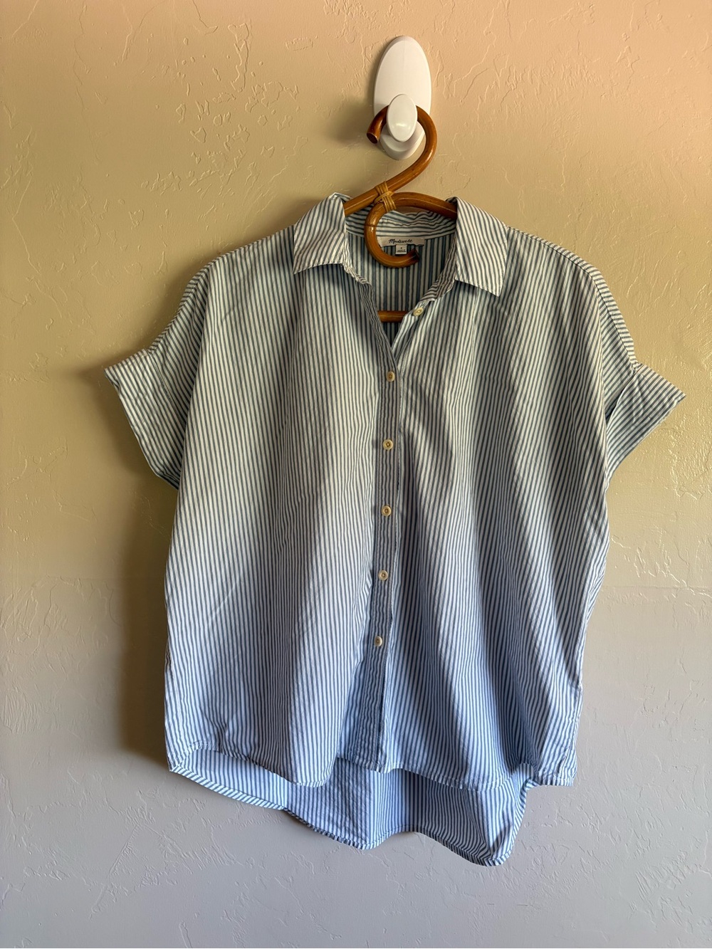 Madewell 100% Cotton Courier Pintuck Back Striped Blue White Short Sleeve Shirt